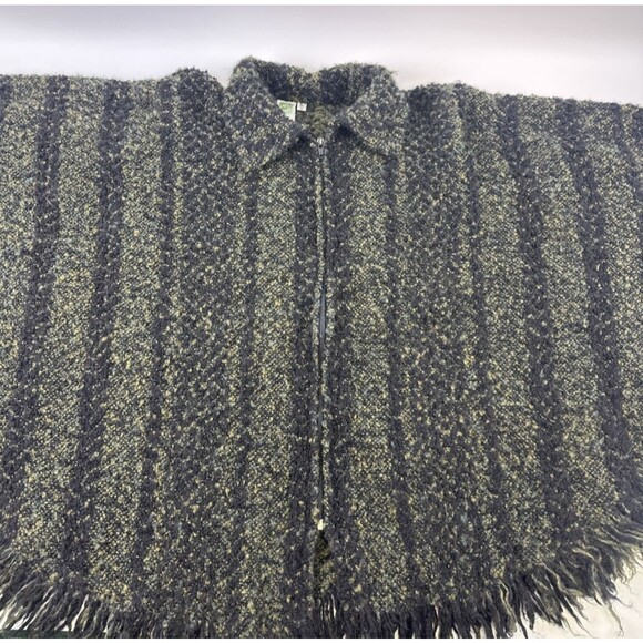 Branigan Weavers Wool Cape Poncho Sweater Full Zip Green Black Striped One Size - Picture 10 of 13